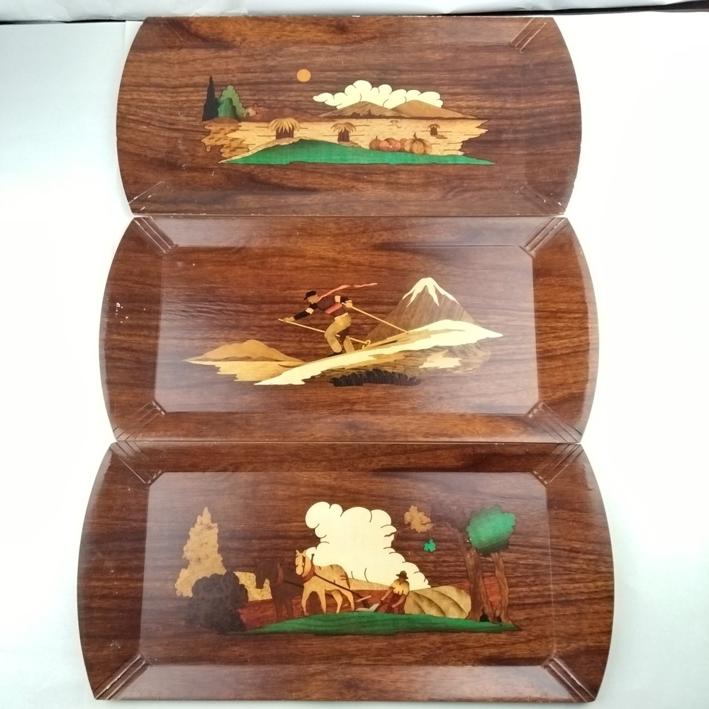 Vintage Hasko Wood Veneer Haskelite Lithograph Tray Lot of 3 Seasons MCM Decor